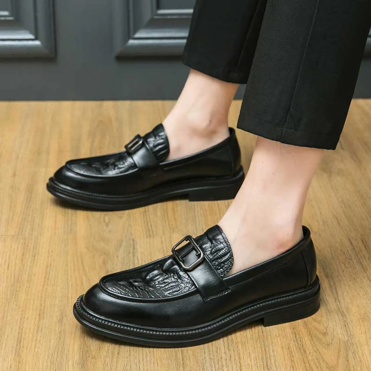 Black croc skin pattern metal buckle penny slip on dress shoe