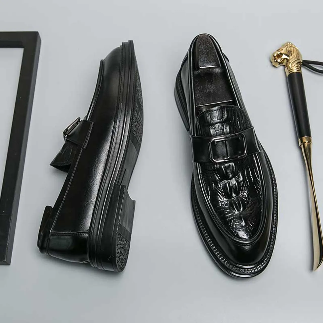 Black croc skin pattern metal buckle penny slip on dress shoe