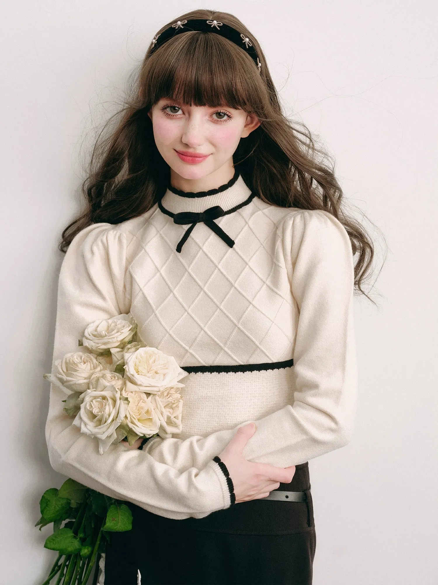 Bottle-neck Puff Sleeve Knitted Top