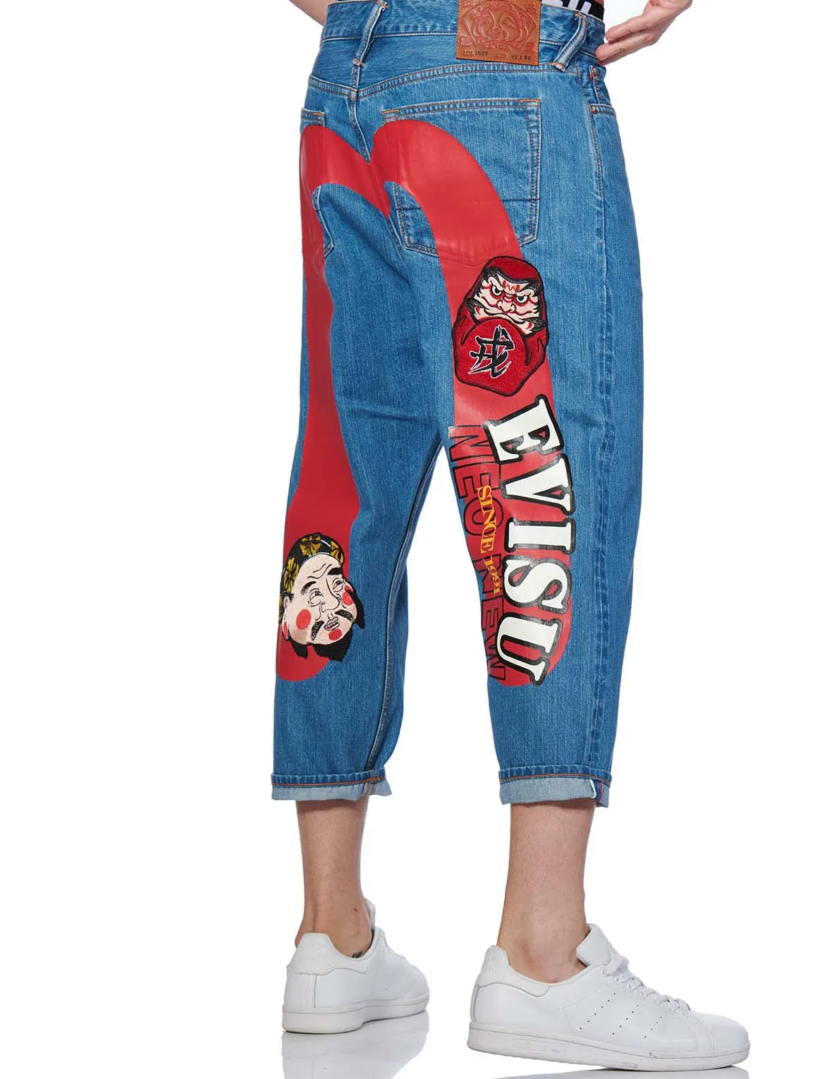 Daruma and Ebisu Embroidered Daicock Print 2027 Cropped-fit Denim Jeans
