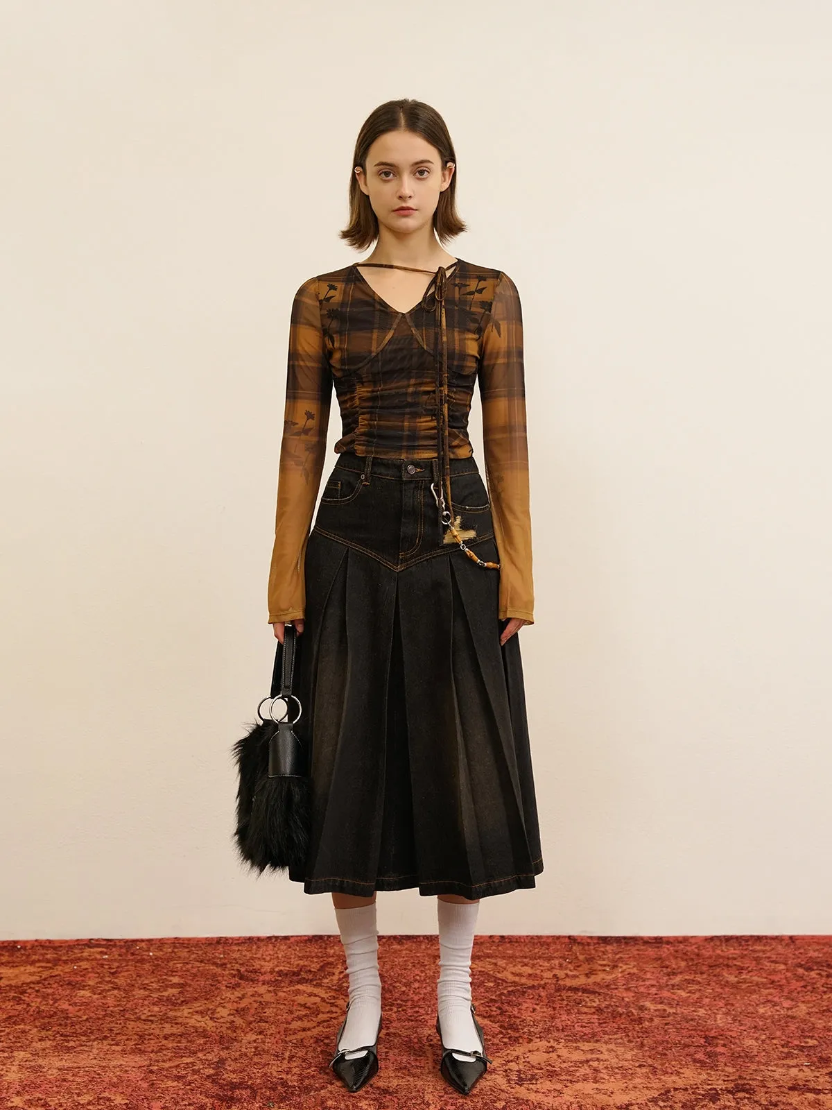 Gather Retro Checked Thin Girly Cutsew