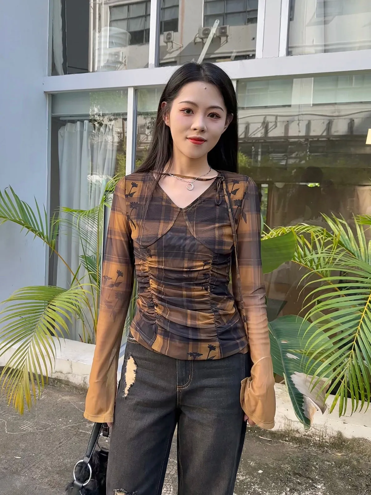 Gather Retro Checked Thin Girly Cutsew