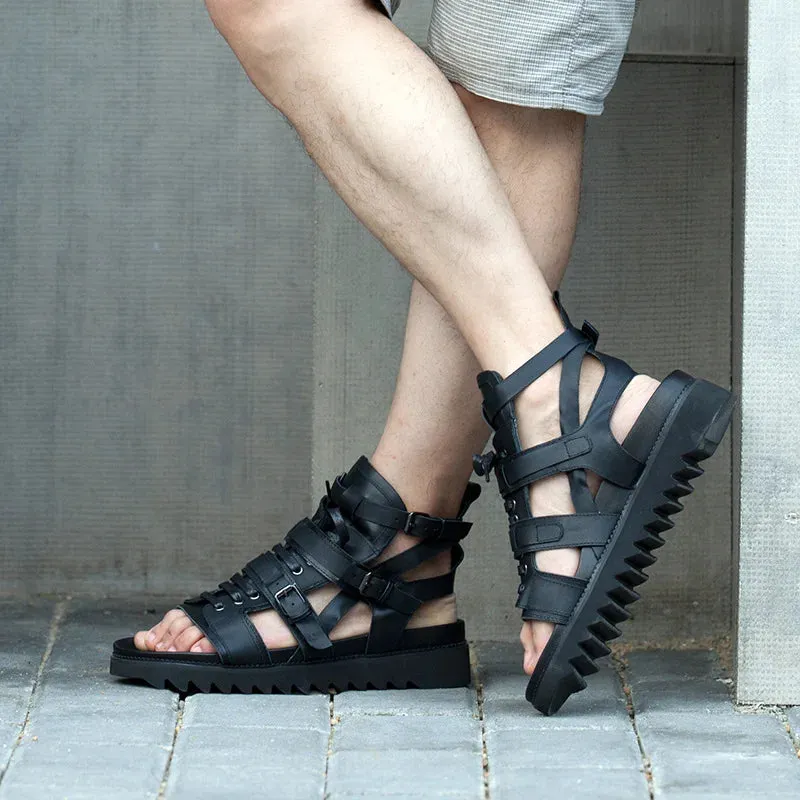 Men's Summer Genuine Leather Gladiator High-top Buckle Strap Sandals