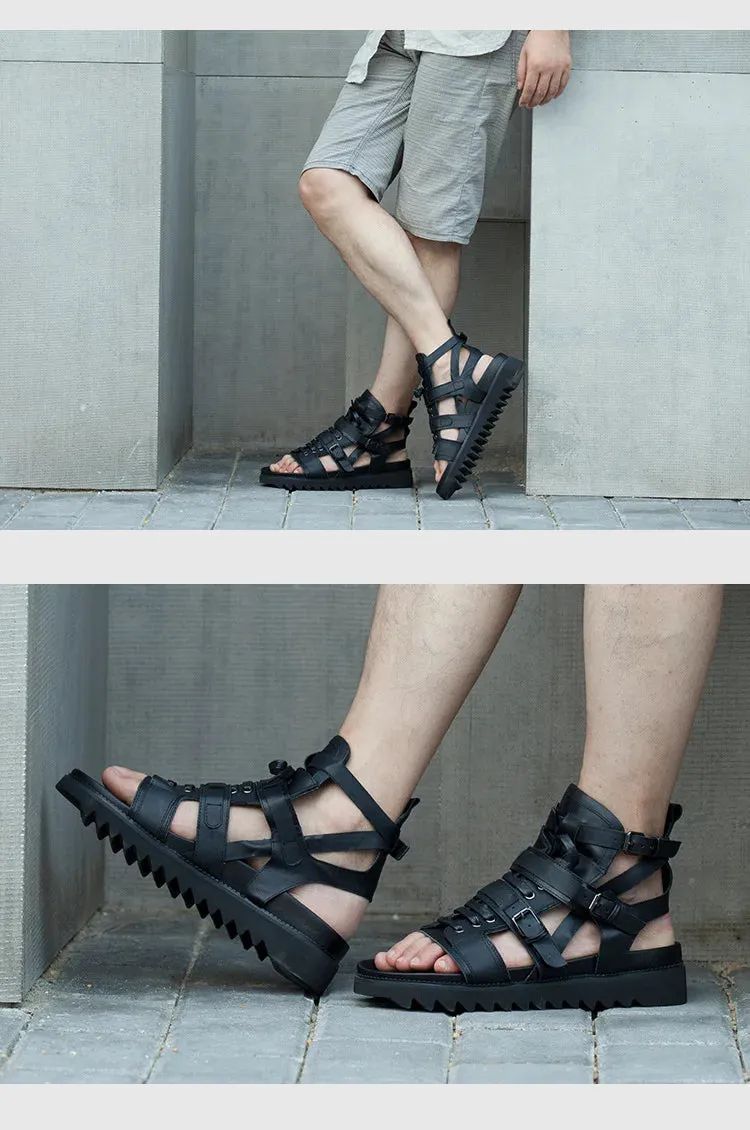 Men's Summer Genuine Leather Gladiator High-top Buckle Strap Sandals