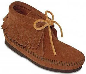 Minnetonka Kids' Ankle Fringe Laced Leather Moccasins