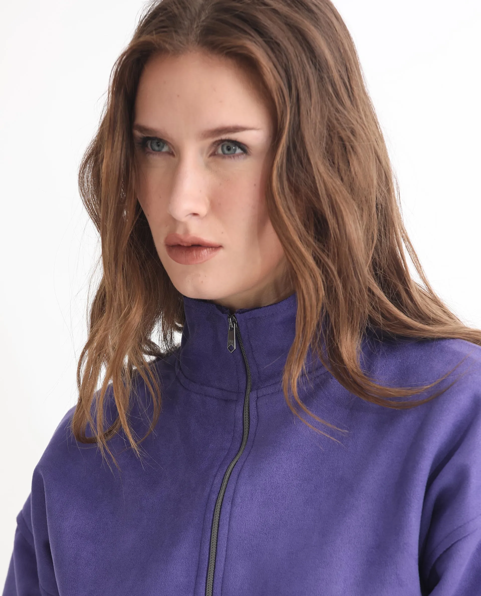 Rareism Women Vasu 1 Purple Polyester Fabric 3/4Th Sleeves Zip Closure Mandarin Collar Regular Fit Plain Jacket