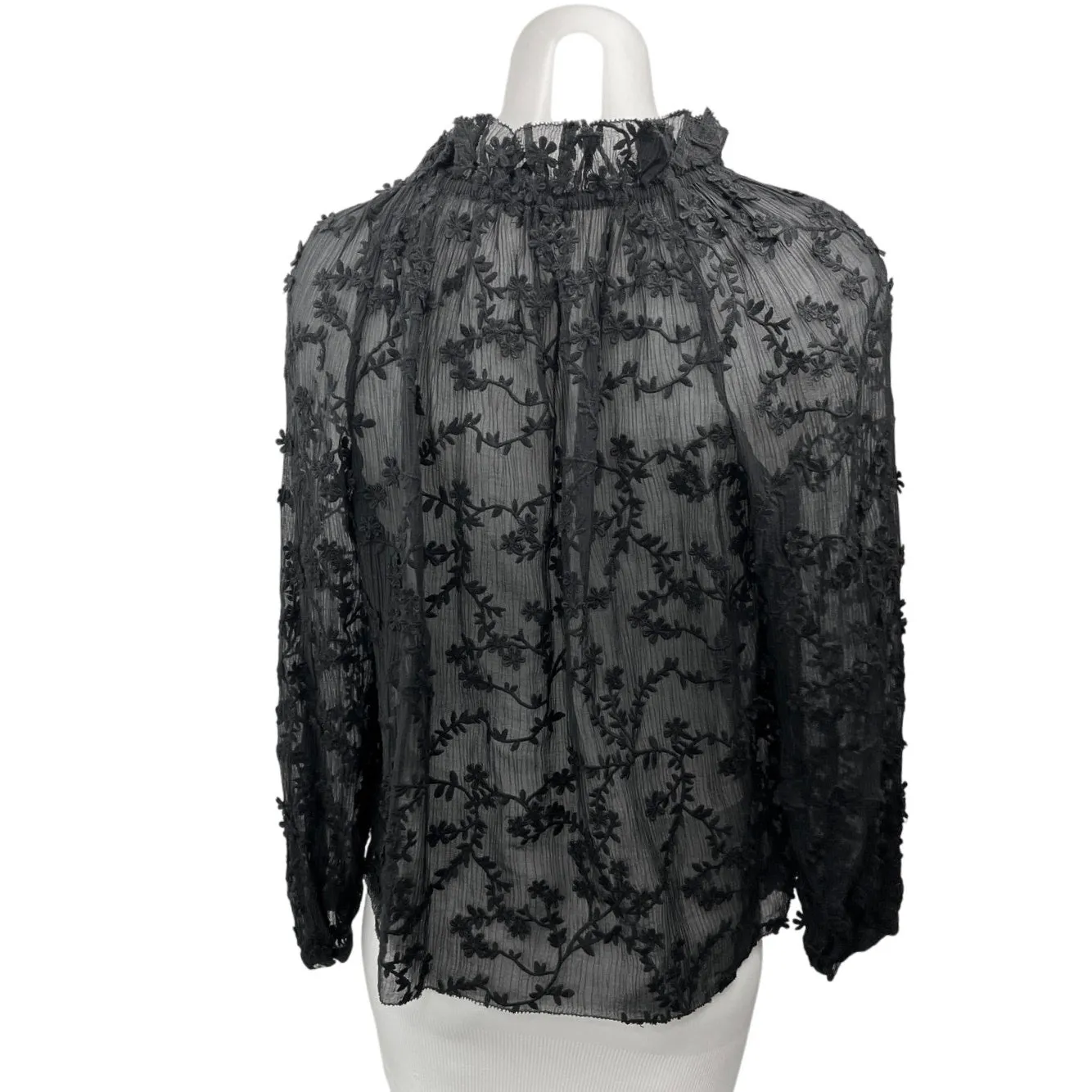 Rebecca Taylor Black Silk Lace Embroidered Ruffle Long Sleeve Sheer Blouse Top 4