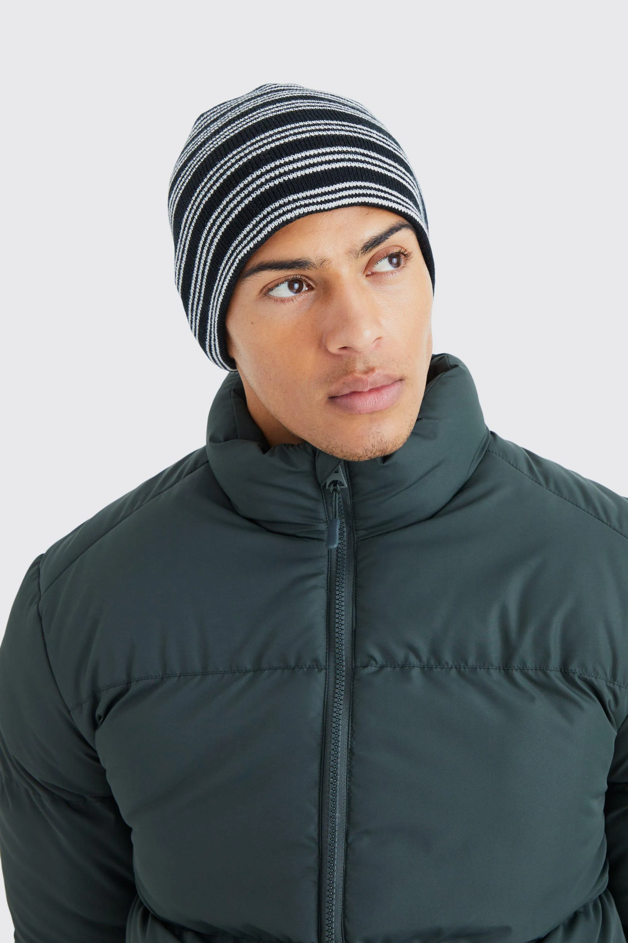 Stripe Flat Knit Beanie | boohooMAN UK