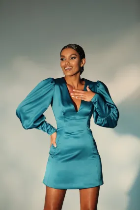 Viclans Balloon Sleeve Satin Mini Green Dress